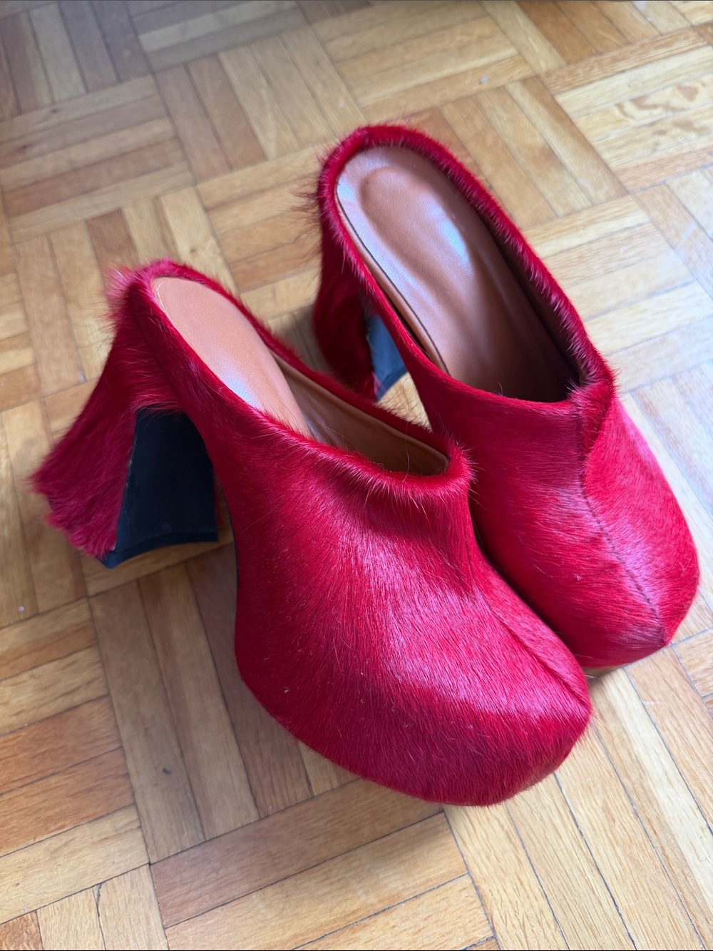 Red Pony Hair Platform Mule Heels